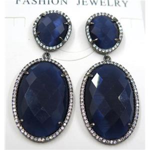 darkblue cat eye stone earring pave zircon, approx 12x14mm, 20x30mm