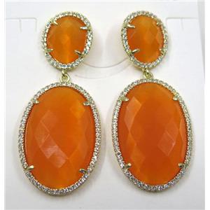 orange cat eye stone earring pave zircon, approx 12x14mm, 20x30mm