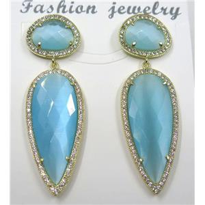 aqua cat eye stone earring pave zircon, droplet, approx 11x15mm, 14x38mm