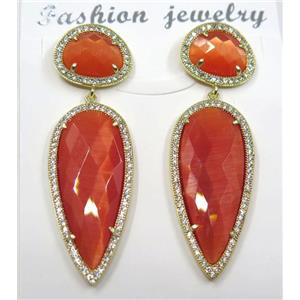 red cat eye stone earring pave zircon, droplet, approx 11x15mm, 14x38mm