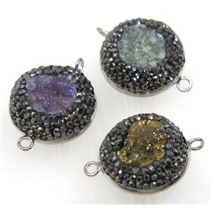 druzy Quartz connector paved rhinestone, flat-round, mix color, approx 22mm dia