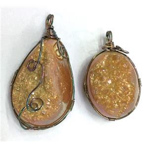 gold champagne druzy Quartz pendant, freeform, wire wrapped, approx 20-40mm