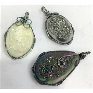 mix druzy Quartz pendant, freeform, wire wrapped, approx 20-40mm