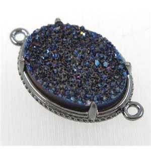 blue druzy agate oval connector, black plated, approx 14x19mm