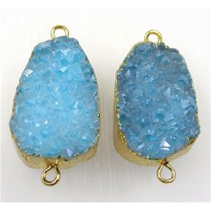 lt.blue druzy quartz connector, freeform, gold plated, approx 15-35mm