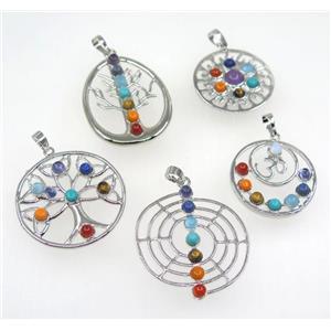 gemstone Chakra pendant, mix shape, alloy, platinum plated, approx 27-55mm