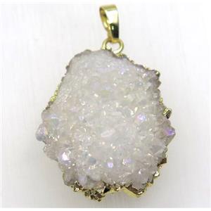 white AB-color solar quartz druzy pendant, freeform, gold plated, approx 25-30mm