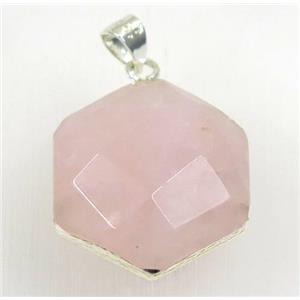 Rose Quartz hexagon pendant, 925 silver plated, approx 20mm dia