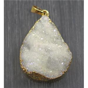 white ab-color druzy quartz teardrop pendant, gold plated, approx 25-35mm