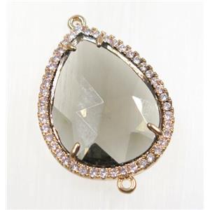 gray crystal glass connector pave zircon, faceted teardrop, gold plated, approx 22x30mm