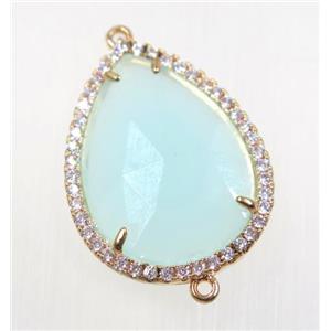 aqua crystal glass connector pave zircon, faceted teardrop, gold plated, approx 22x30mm