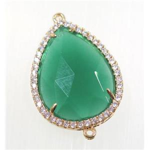 green crystal glass connector pave zircon, faceted teardrop, gold plated, approx 22x30mm