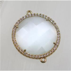 white cats eye stone connector pave zircon, faceted flat round, gold plated, approx 25mm dia