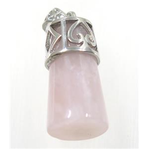 pink Rose Quartz column pendant, copper, platinum plated, approx 14-25mm