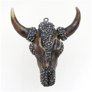 Resin BullHead pendant paved rhinestone, coffee, approx 45-48mm