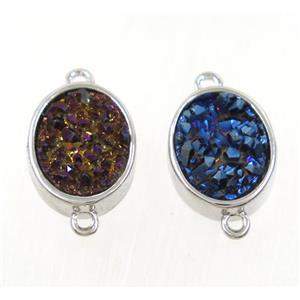 Druzy Quartz oval connector, mix color, approx 10x12mm