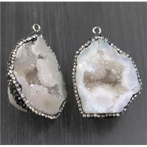 white AB-color Druzy Agate pendant pave rhinestone, freeform, approx 20-40mm