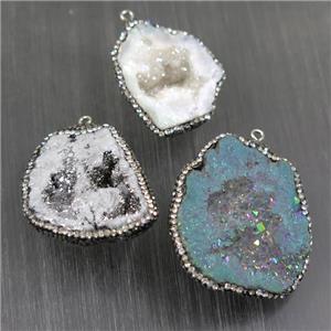 Druzy Agate pendant pave rhinestone, mix color, freeform, approx 20-40mm