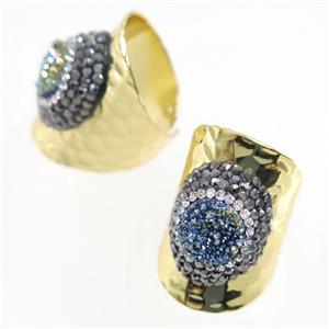 green Druzy Quartz Copper Ring pave rhineston, gold plated, approx 10-22mm