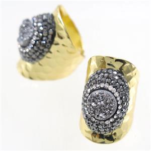 silver Druzy Quartz Copper Ring pave rhineston, gold plated, approx 10-22mm