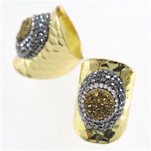 golden Druzy Quartz Copper Ring pave rhineston, gold plated, approx 10-22mm