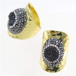 black Druzy Quartz Copper Ring pave rhineston, gold plated, approx 10-22mm