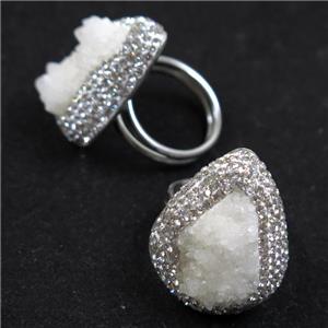 white Quartz Druzy ring paved rhinestone, approx 18mm dia, 25-30mm