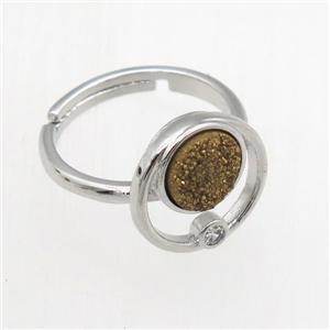 golden Druzy Quartz Rings, copper, platinum plated, approx 8mm, 18mm dia