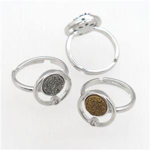 mixed Druzy Quartz Rings, copper, platinum plated, approx 8mm, 18mm dia