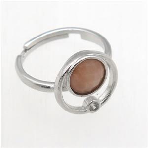 peach MoonStone Rings, copper, platinum plated, approx 8mm, 18mm dia