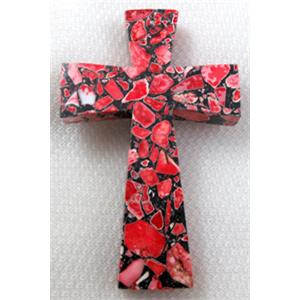 mosaic flower turquoise cross pendant, red, 60x90mm