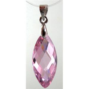 Cubic Zirconia leaf pendant, pink, 10x22mm