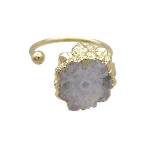 White Quartz Druzy Ring Gold Plated, approx 15mm, 18mm dia