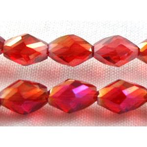 Chinese glass crystal beads, faceted twist, red AB-color, 6x8mm, 50pcs per st