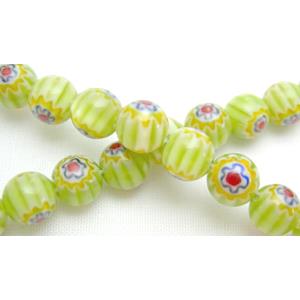 16 inch String of Round Millefiori Glass-Single flower, 6mm dia, 69beads per st