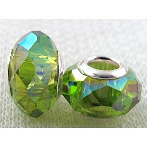 crystal glass beads, faceted rondelle, green AB-Color, approx 14mm dia, 8mm thin, hole: 4.7mm