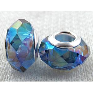 crystal glass beads, faceted rondelle, blue AB-Color, approx 14mm dia, 8mm thin, hole: 4.7mm