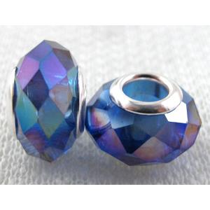 crystal glass beads, faceted rondelle, blue AB-Color, approx 14mm dia, 8mm thin, hole: 4.7mm