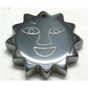 Black Hematite Sun Smile Pendant With Hole, 22mm dia