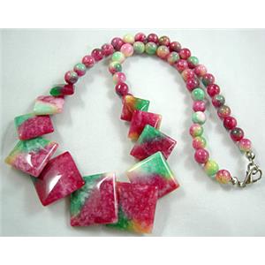 Jade Necklace, Square, Multi color, 16 inch, big square bead:21x21mm, round bead:6mm