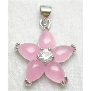 Pink Jade Flower Pendant With Copper Plated Platinum Model, 18.5mm diameter