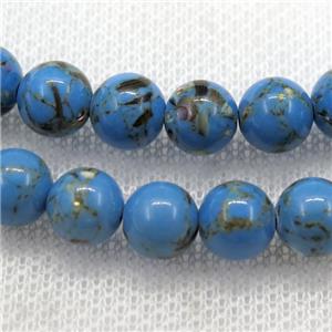 blue synthetic turquoise beads with shelled, round, approx 4mm dia