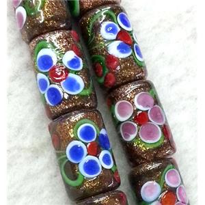 lampwork bead with flower and goldsand, round tube, 10x20mm