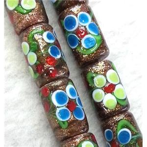 lampwork bead with flower and goldsand, round tube, 10x20mm