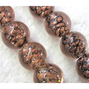 lampwork bead within silver goldsand and stripe, round, 12mm dia