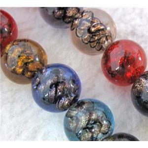 lampwork bead within silver goldsand and stripe, round, 12mm dia