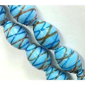 Lampwork Glass beads with goldsand, barrel, stripe, aqua, 15x23mm