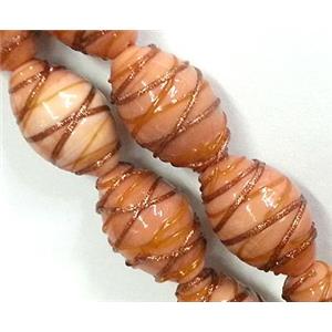 Lampwork Glass bead with goldsand, barrel, stripe, orange, 15x23mm