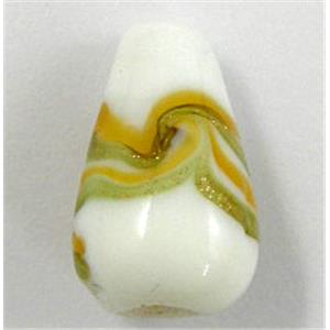 lampwork glass beads with swirl goldsand, teardrop, white, 12x20mm, 20pcs per st