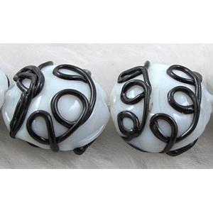 handcraft glass lampwork beads, flat-round, line, black, 20mm dia